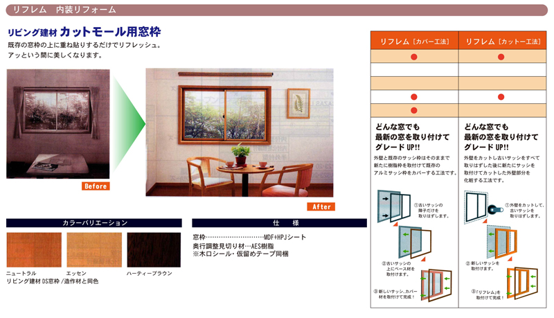 リフレム　内装リフォーム。リビング建材カットモール用窓枠。カラーバリエーション。仕様。